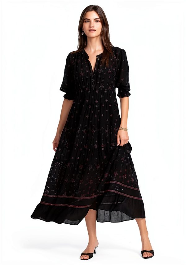 Womens Formal Dress Black Eyelet Embroidery V Neck-0