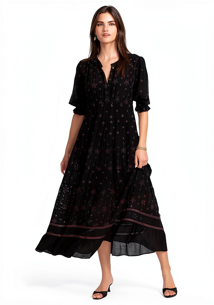 Womens formal dress with eyelet embroidery and V-neck collar