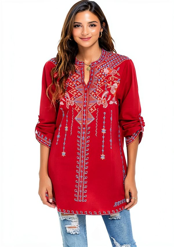 AK Womens Embroidered Bohemian Tunic Cotton Rayon Blouse-0