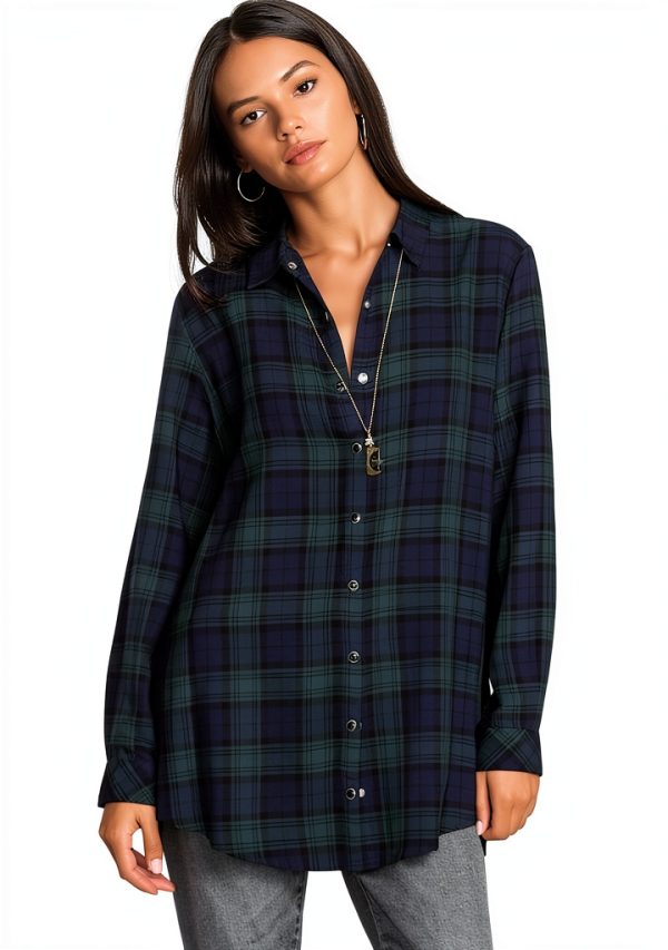 Bohemian Blouse Womens Rayon Plaid Button Down Shirt-2