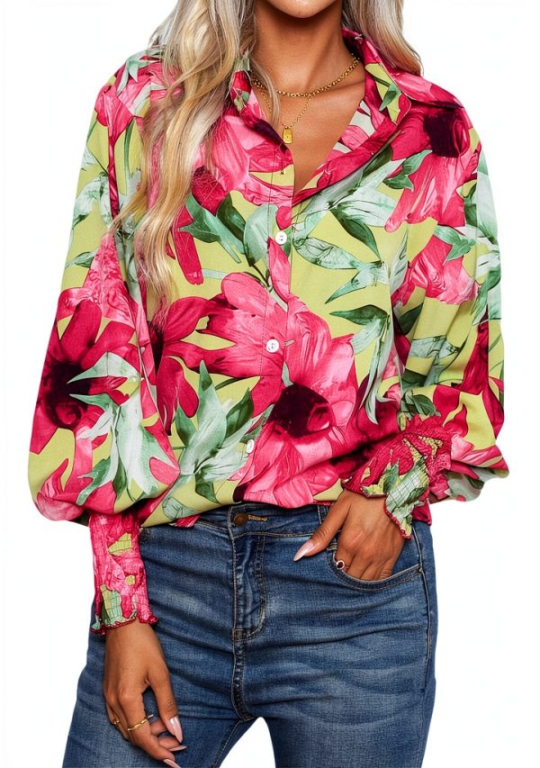 Boho Button Down Shirt Womens Long Sleeve Floral Blouse-0