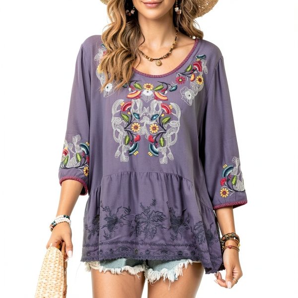 Embroidered Womens Tops Cotton Floral Design Boho Blouse-1