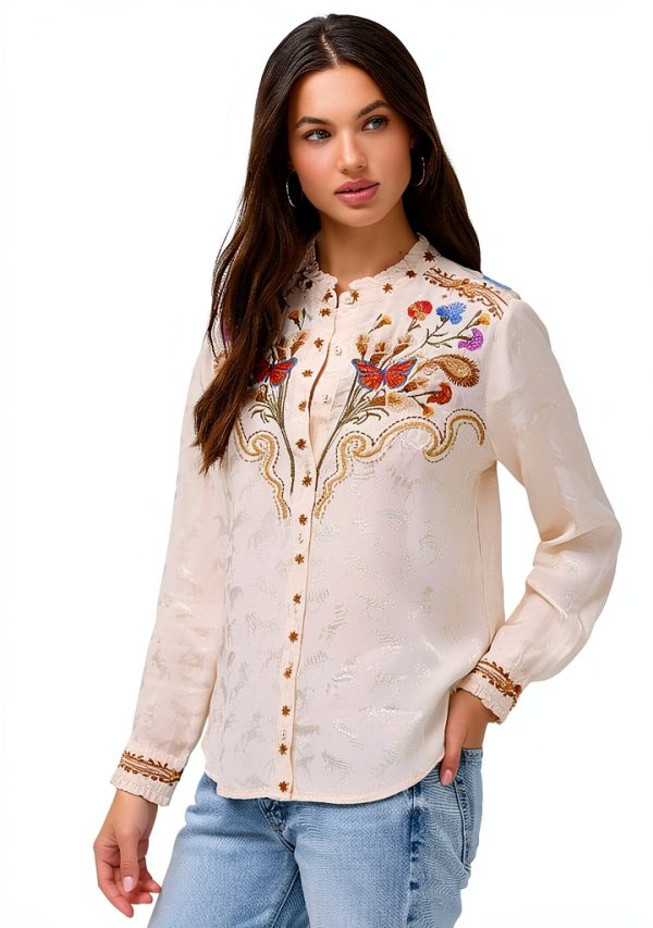 Durago Ruffle Neck Shirt Womens Jacquard Horse Motif-2