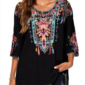 Higustar Embroidered Womens Top Rayon Bohemian Floral Design-0