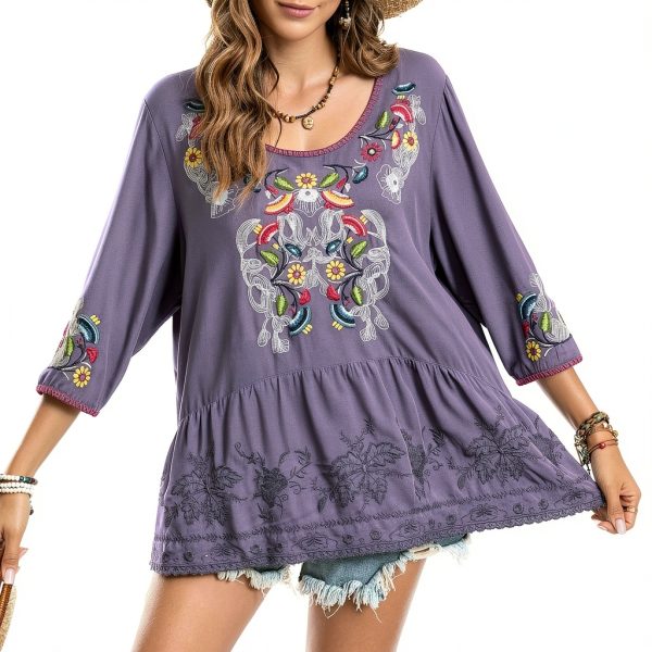 Embroidered Womens Tops Cotton Floral Design Boho Blouse-2