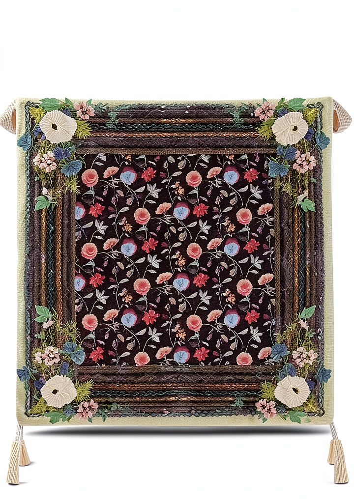 Johnny Was scarf draped over a jacket showing printed design and tassels