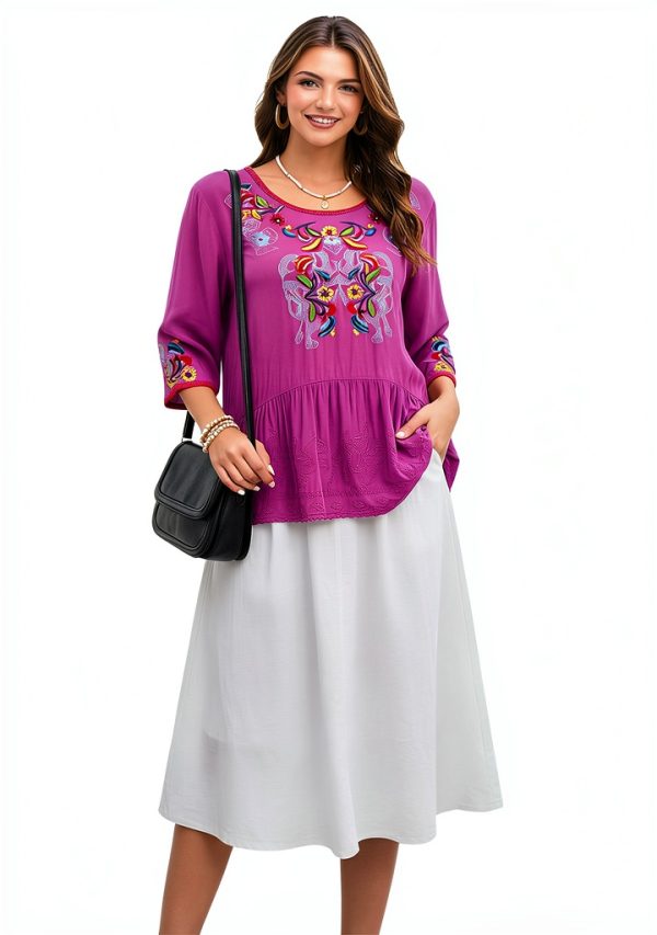 Embroidered Womens Tops Cotton Floral Design Boho Blouse-3