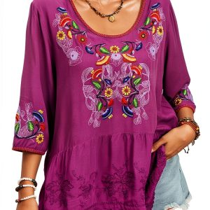 Embroidered Womens Tops Cotton Floral Design Boho Blouse-0