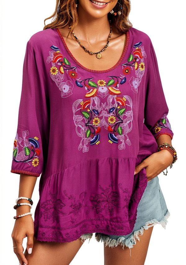 Embroidered Womens Tops Cotton Floral Design Boho Blouse-0