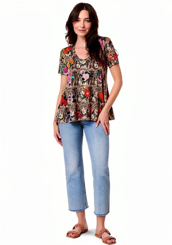 Bag Lady Rose Lace V Neck Swing Tee Womens Casual Top-2