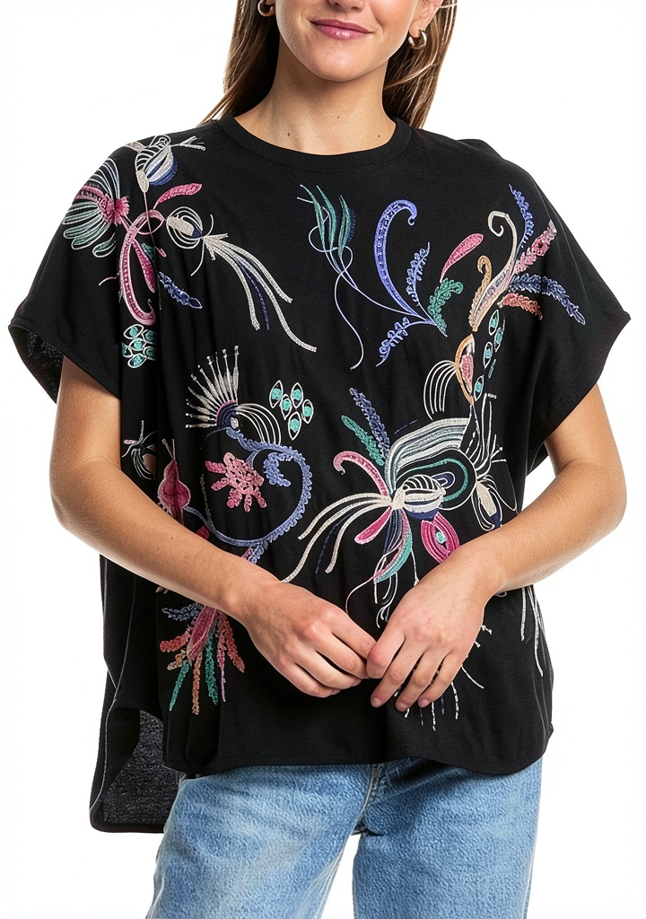 Floral Embroidery Women's Cotton T‑Shirt X‑Large XX‑Large displayed on a wooden wardrobe shelf