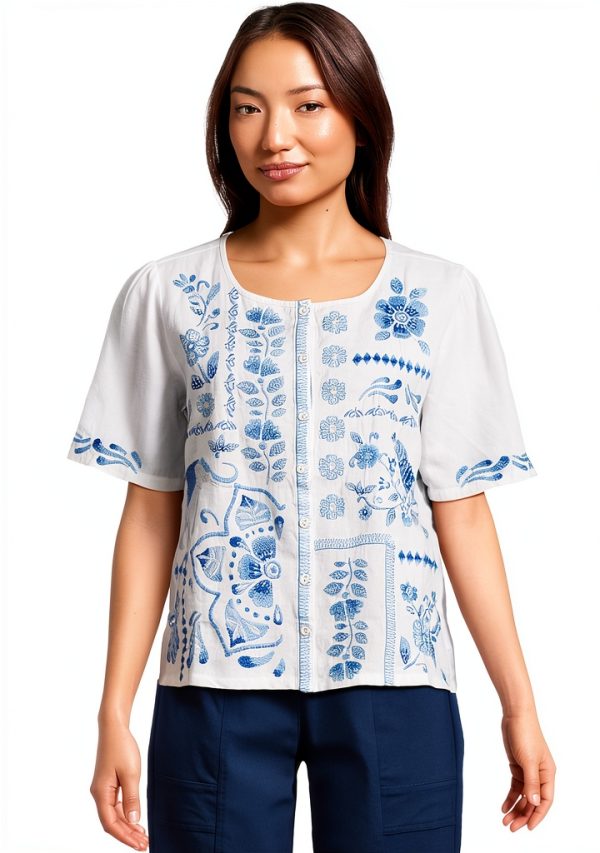 Johnny Was Womens Linen Blouse White Embroidery Flutter-0
