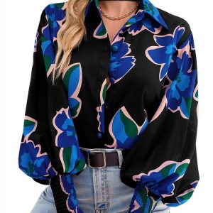 Boho Button Down Shirt Womens Long Sleeve Floral Blouse-0