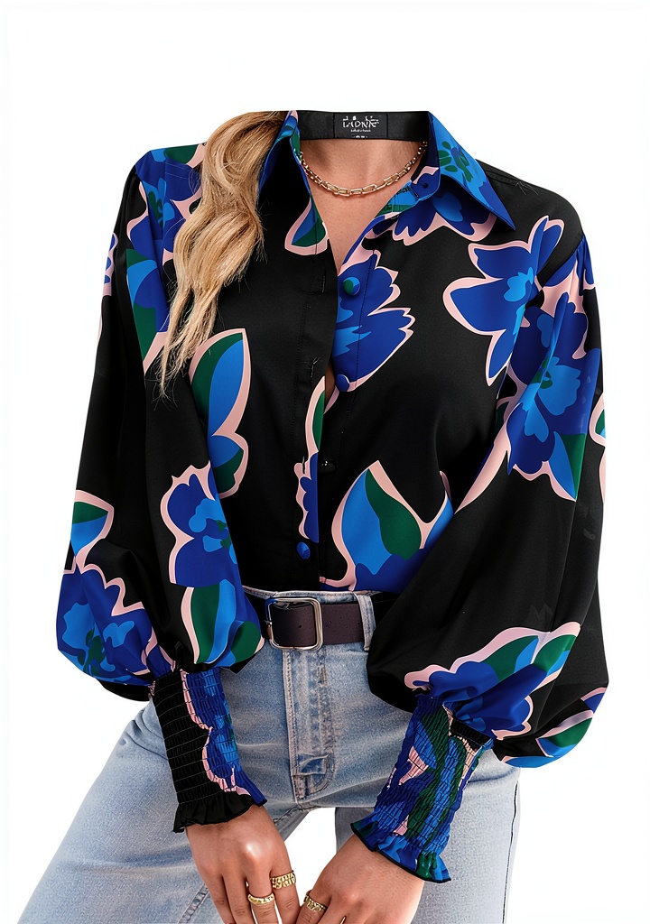 Womens boho button down shirt in red with floral print and long sleeves