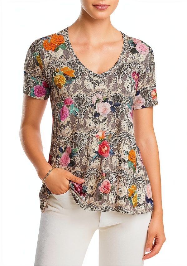 Bag Lady Rose Lace V Neck Swing Tee Womens Casual Top-3