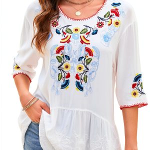Embroidered Womens Tops Cotton Floral Design Boho Blouse-0