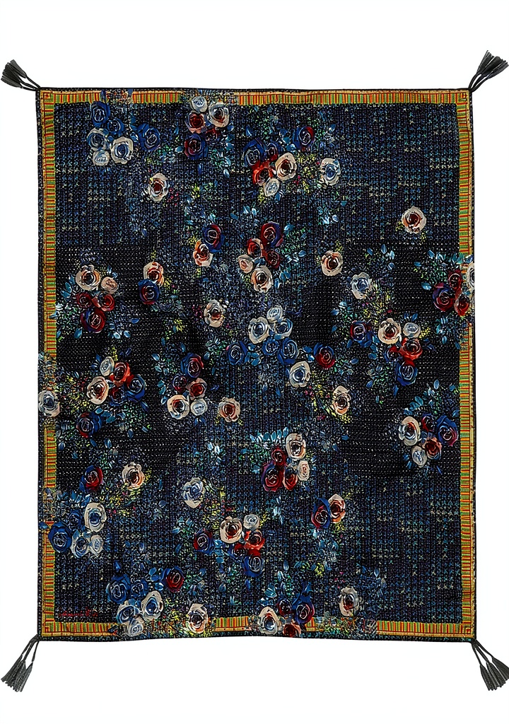 Johnny Was boho scarf draped over a shoulder showing printed design and tassels