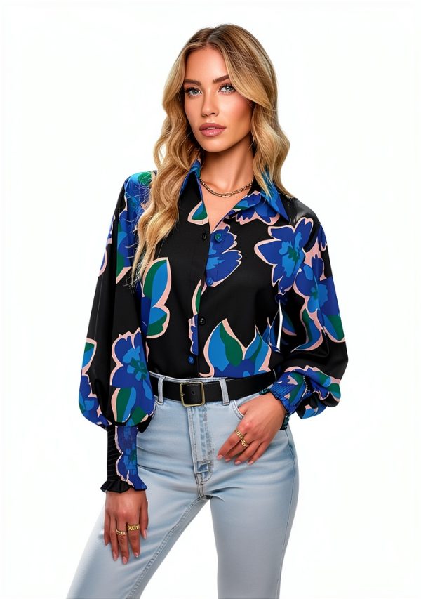 Boho Button Down Shirt Womens Long Sleeve Floral Blouse-4