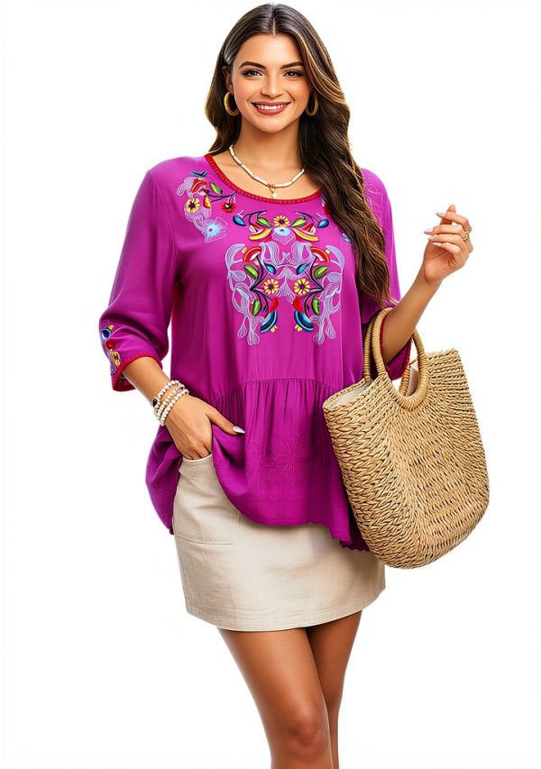 Embroidered Womens Tops Cotton Floral Design Boho Blouse-2