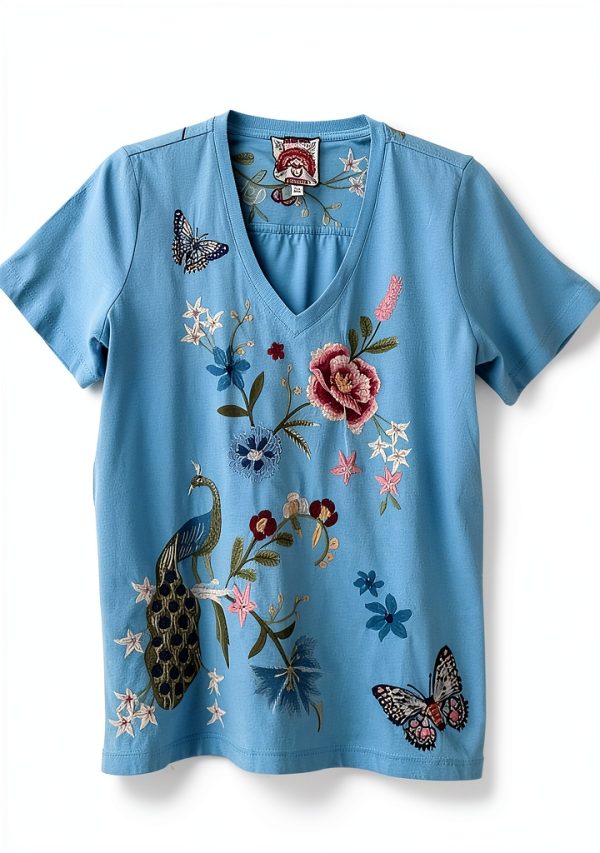 Bag Lady Collection Womens Cotton V-Neck Embroidered Tee-3