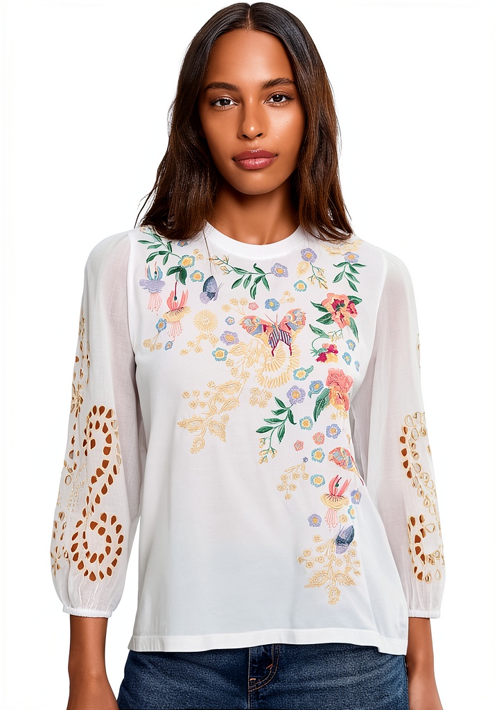 Johnny Was womens fashion top in white displayed on a model