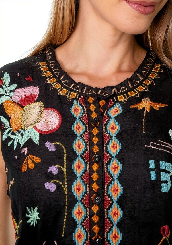 Johnny Was Linen Dress Black Floral Embroidery Womens Casual-3