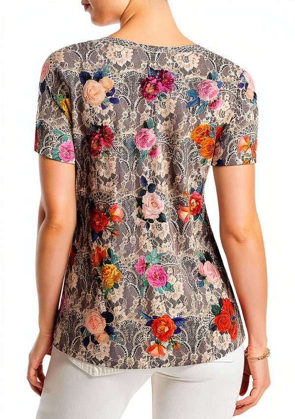 Bag Lady Rose Lace V Neck Swing Tee Womens Casual Top-4