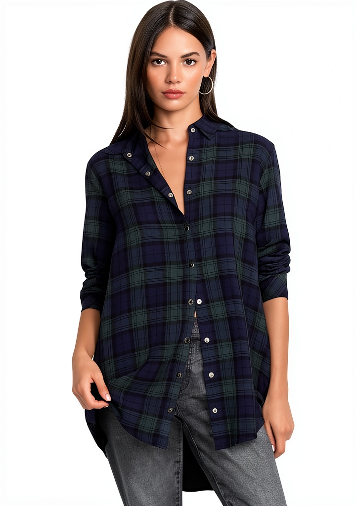 Bohemian Blouse Womens Rayon Plaid Button Down Shirt displayed on a wooden table with a coffee cup beside it
