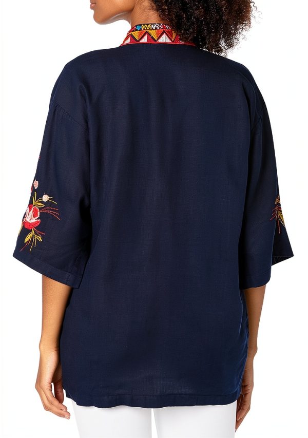 Johnny Was Linen Blouse Womens Embroidered Wide Sleeve-1