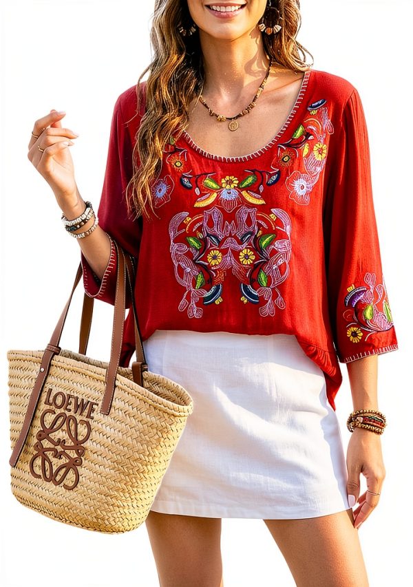 Embroidered Boho Tops Women Cotton Floral Design Peasant-1