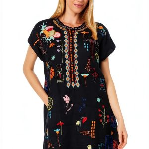Johnny Was Linen Dress Black Floral Embroidery Womens Casual-0
