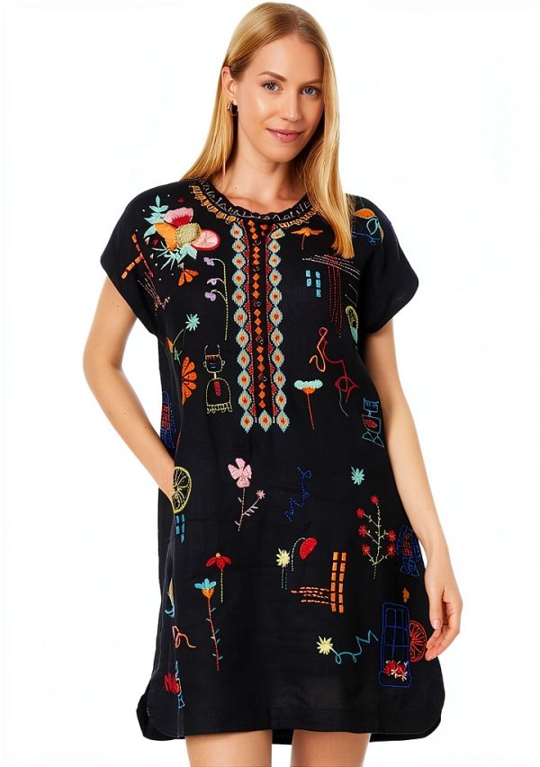 Johnny Was Linen Dress Black Floral Embroidery Womens Casual-0