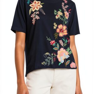 Johnny Was Embroidered Fashion Knits Womens T-Shirts Blue-0