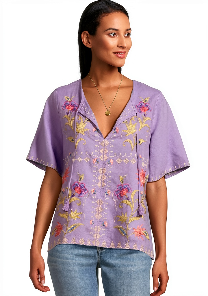 Bougainvillea linen peasant blouse on a model