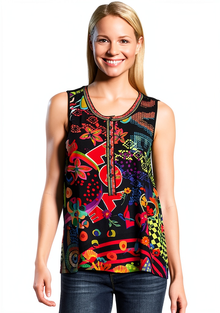 Vibrant floral tank displayed on a mannequin in a sunny setting