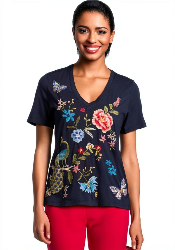 Johnny Was Blue Night V-Neck Tee Womens-0