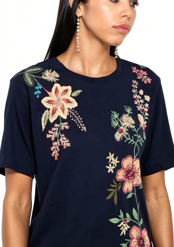 Johnny Was Embroidered Fashion Knits Womens T-Shirts Blue-3