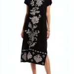 Floral Embroidered X-Large Women’s Crewneck Dress with Side Slit-0