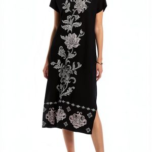 Floral Embroidered X-Large Women’s Crewneck Dress with Side Slit-0