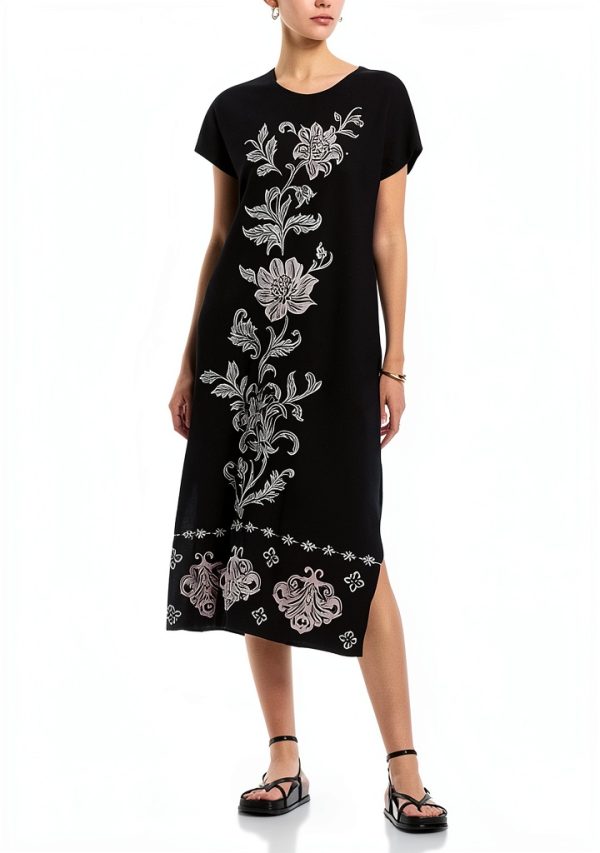 Floral Embroidered X-Large Women’s Crewneck Dress with Side Slit-0