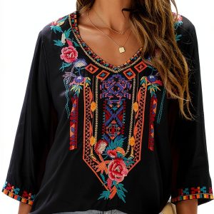 Boho Rayon Blouse BrandX Mexican Embroidery Loose Fit XX-Large Black-0