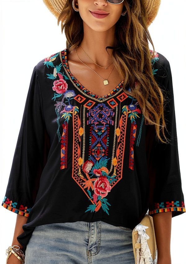 Boho Rayon Blouse BrandX Mexican Embroidery Loose Fit XX-Large Black-0