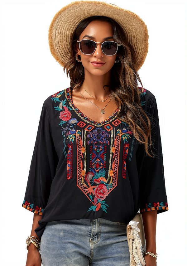 Boho Rayon Blouse BrandX Mexican Embroidery Loose Fit XX-Large Black-1