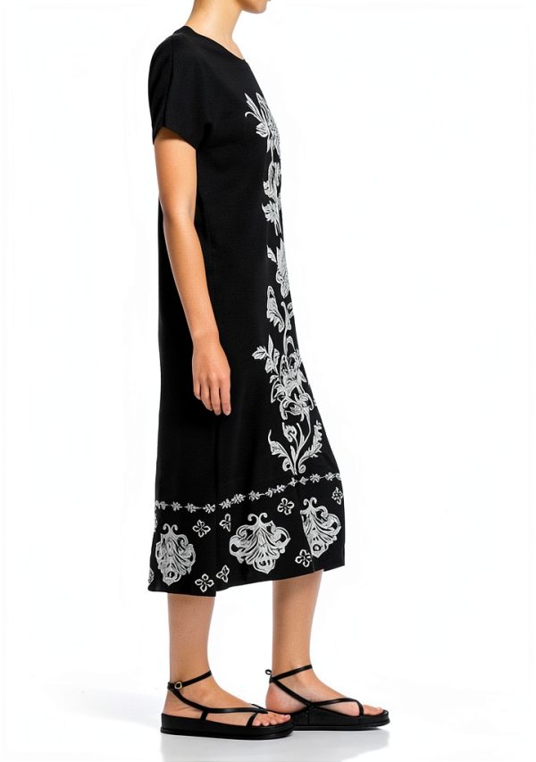Floral Embroidered X-Large Women’s Crewneck Dress with Side Slit-1