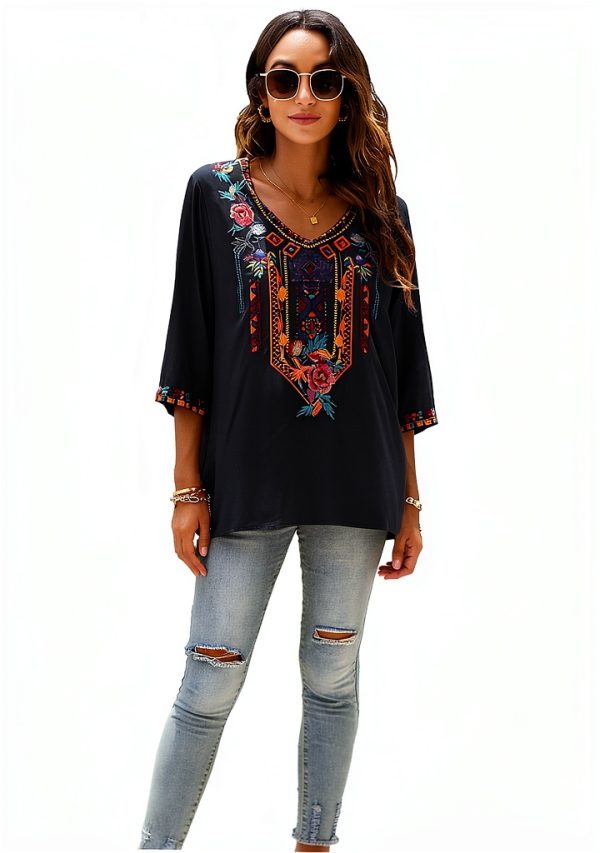 Boho Rayon Blouse BrandX Mexican Embroidery Loose Fit XX-Large Black-3