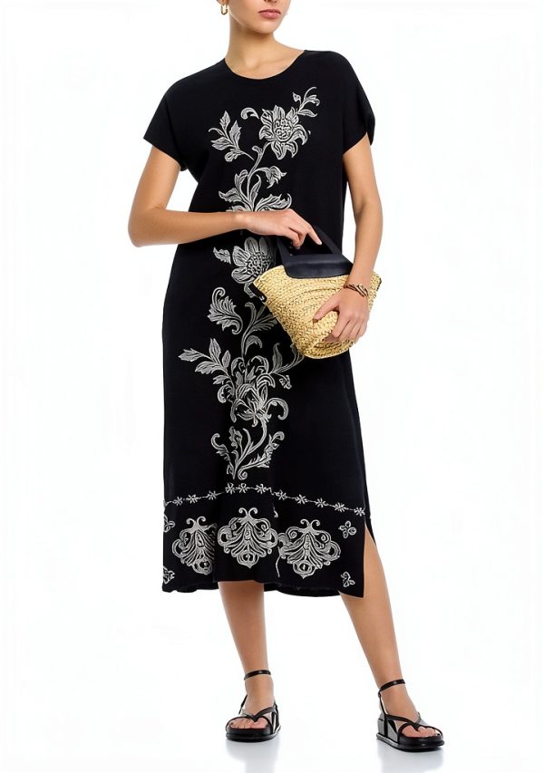 Floral Embroidered X-Large Women’s Crewneck Dress with Side Slit-3