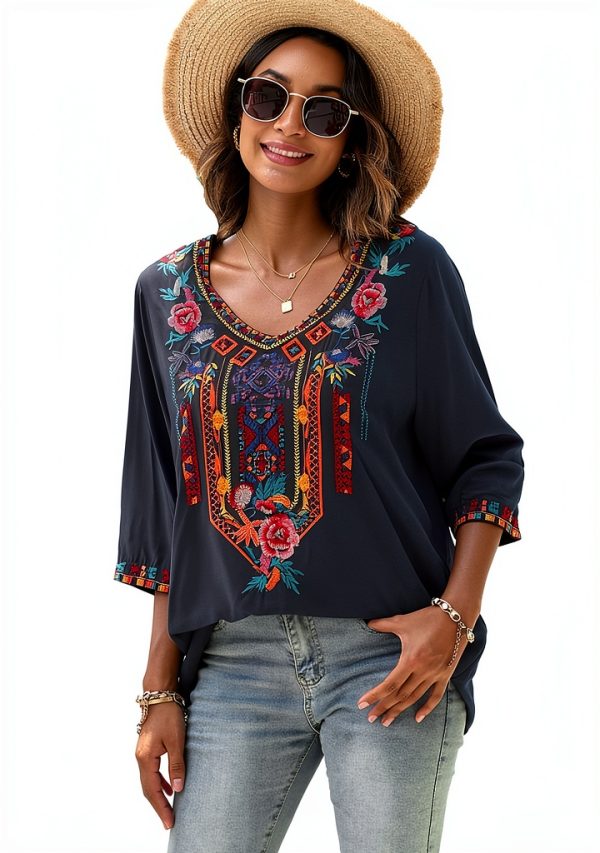 Boho Rayon Blouse BrandX Mexican Embroidery Loose Fit XX-Large Black-2