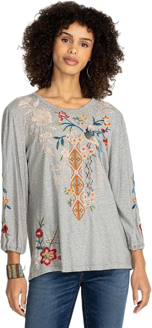 Johnny Was Ellia Black Puff Sleeve Floral Bird Embroidered Blouse-1