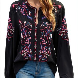 Womens Long Sleeve Shirts Embroidered Peasant Tunic Casual Loose Fit-0