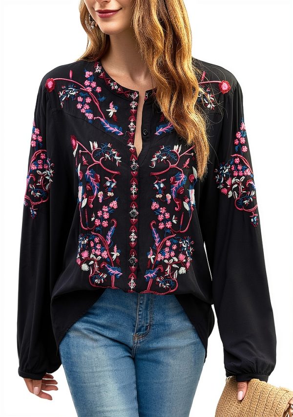 Womens Long Sleeve Shirts Embroidered Peasant Tunic Casual Loose Fit-0